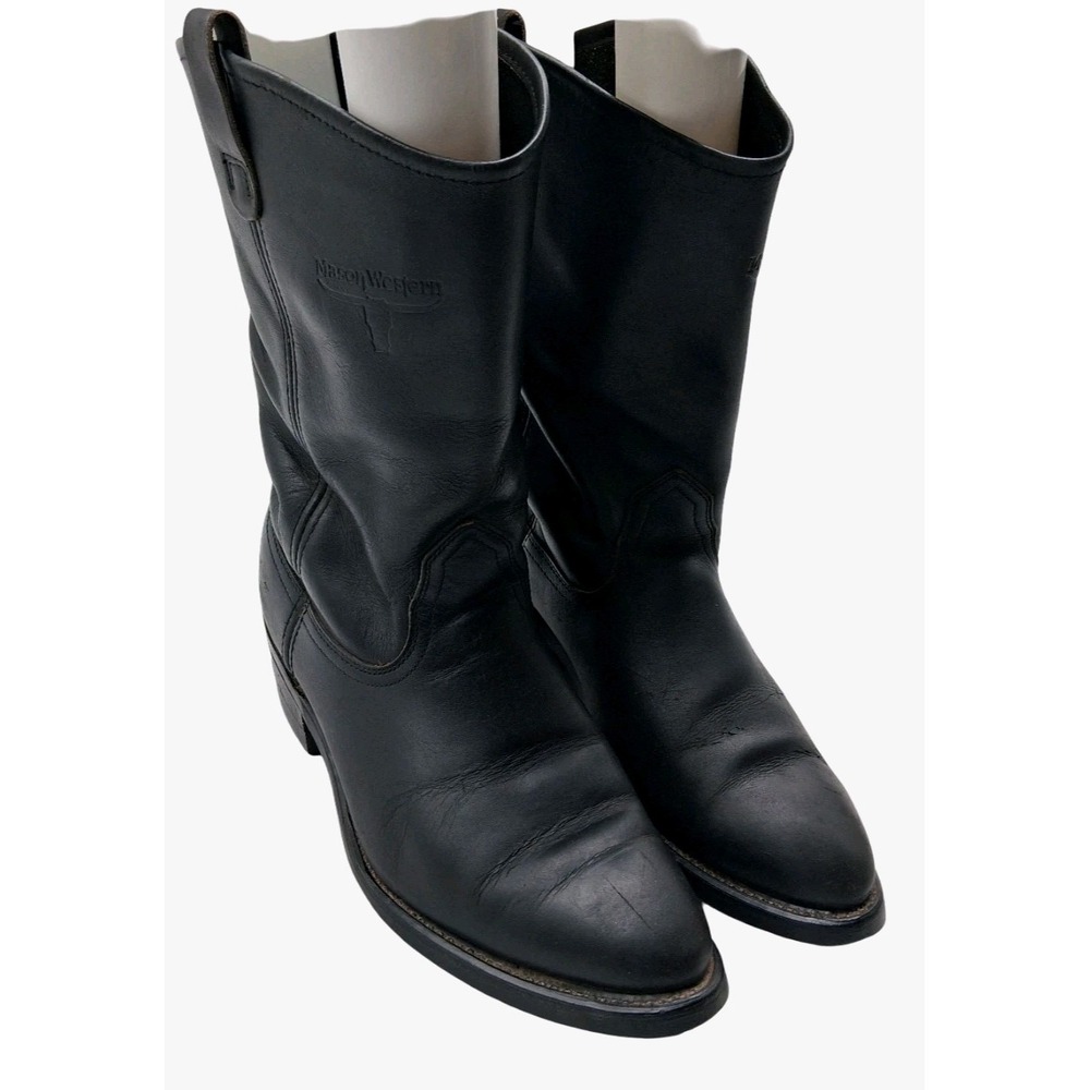 Mason Western Boots Mens 10.5 EEE Black Leather Western Pull On Mid Calf Work - Picture 2 of 10